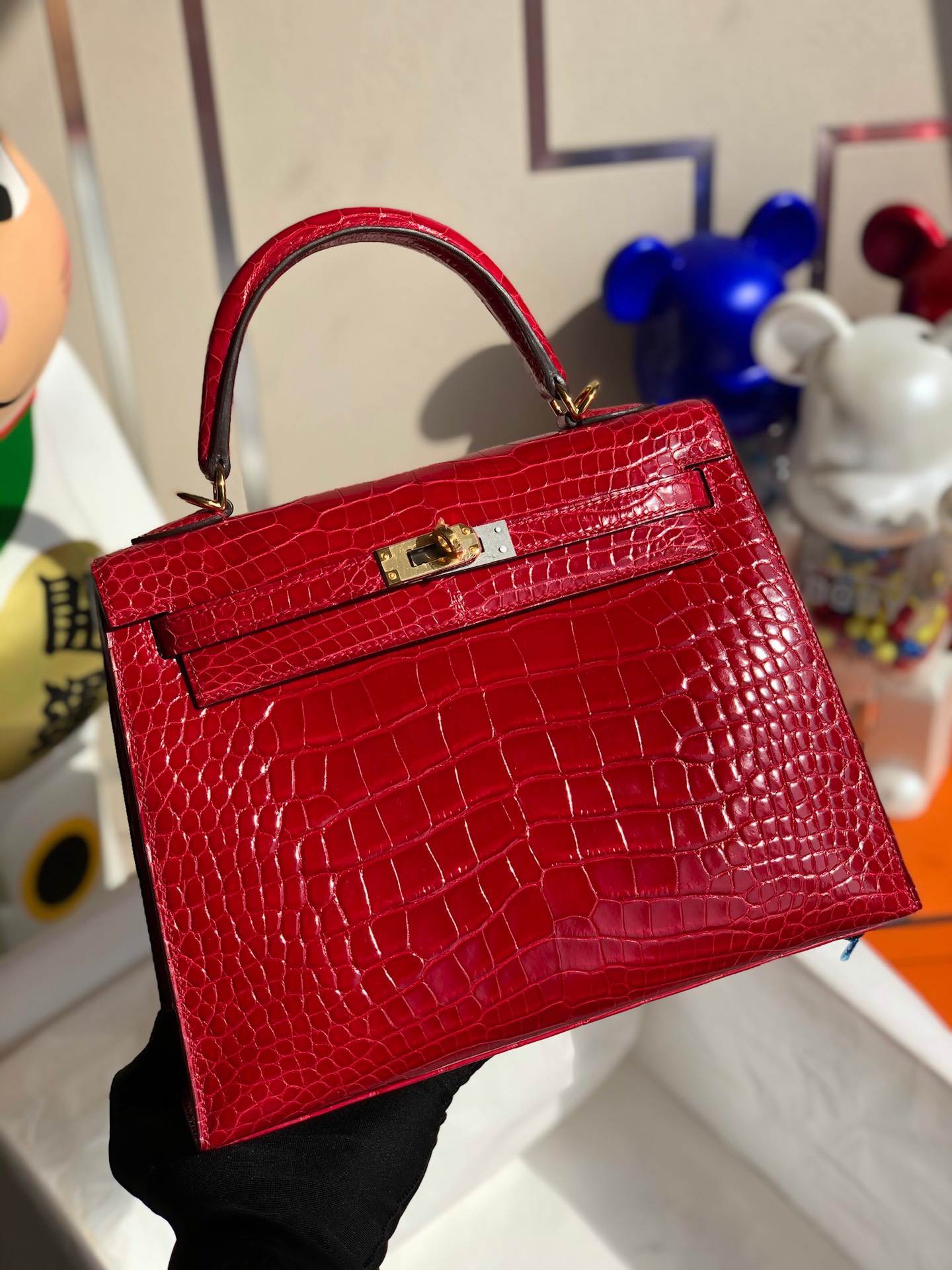 에르메스 켈리백25 레드 금장 샤이니 악어가죽